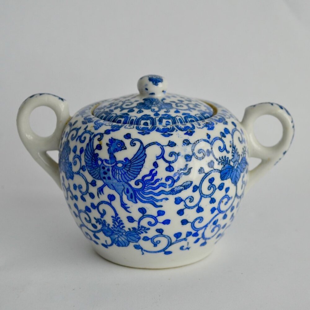 Japan Blue & White Willow Phoenix Sugar Bowl Vintage